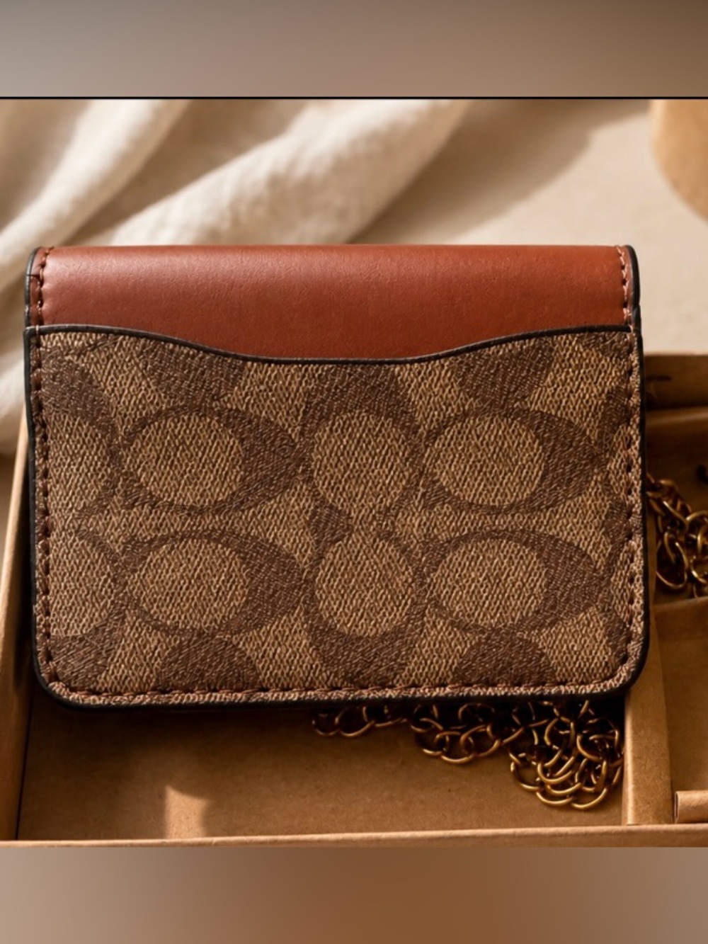 Coach Brown Leather & Signature Canvas Card Case with Gold 'C' Charm - Picture 2 of 2